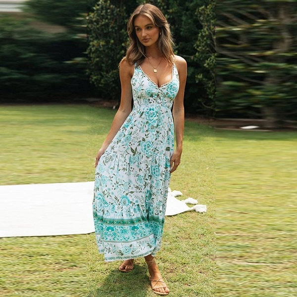 Elegant Print  Sleeveless Lace Up V-neck Midi Dress