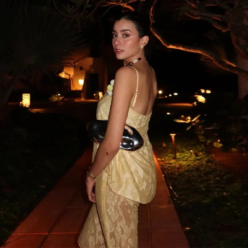 Elegant Print Top Lace Sleeveless Beading Backless Top See Through Wide Leg Trousers Pant Set