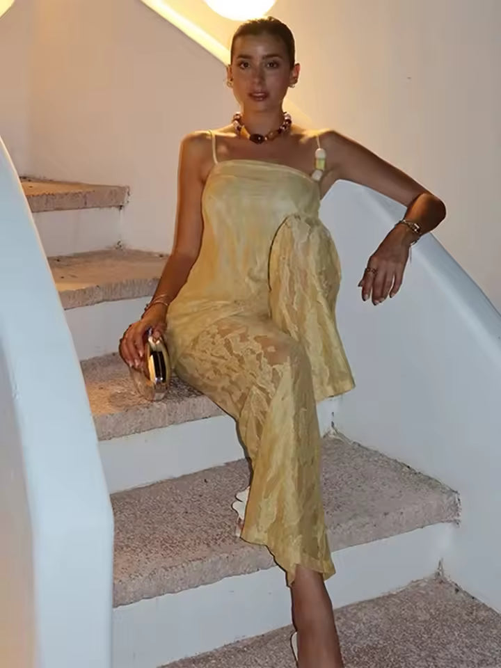 Elegant Print Top Lace Sleeveless Beading Backless Top See Through Wide Leg Trousers Pant Set