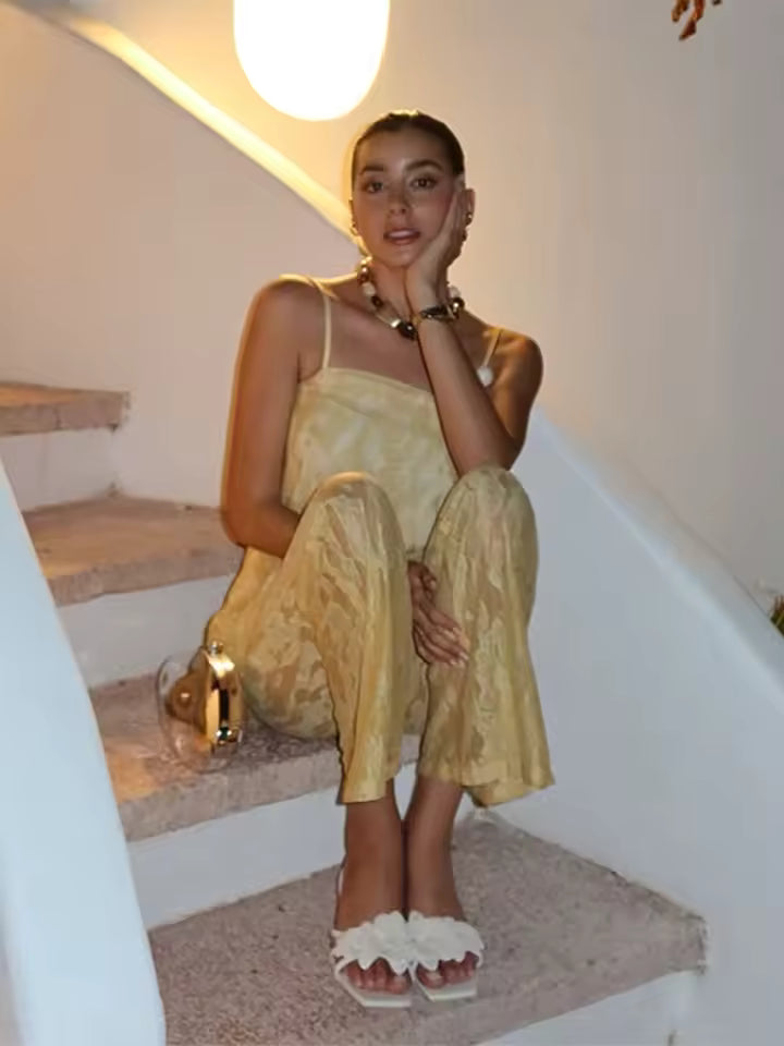 Elegant Print Top Lace Sleeveless Beading Backless Top See Through Wide Leg Trousers Pant Set