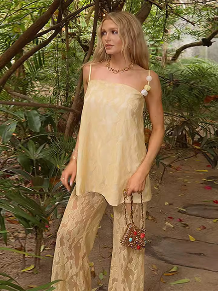 Elegant Print Top Lace Sleeveless Beading Backless Top See Through Wide Leg Trousers Pant Set