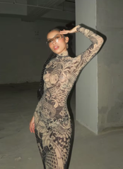 Elegant Print Turtleneck Full Sleeve  High Street Party Bodycon Maxi Dress