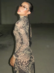 Elegant Print Turtleneck Full Sleeve  High Street Party Bodycon Maxi Dress