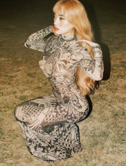 Elegant Print Turtleneck Full Sleeve  High Street Party Bodycon Maxi Dress