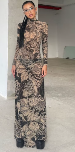 Elegant Print Turtleneck Full Sleeve  High Street Party Bodycon Maxi Dress