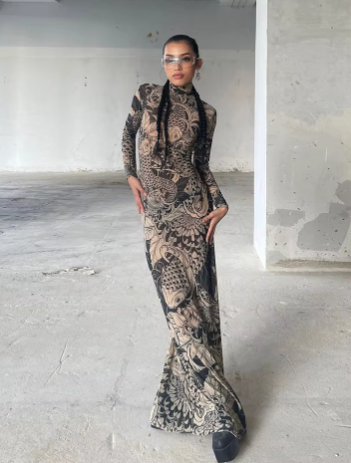 Elegant Print Turtleneck Full Sleeve  High Street Party Bodycon Maxi Dress