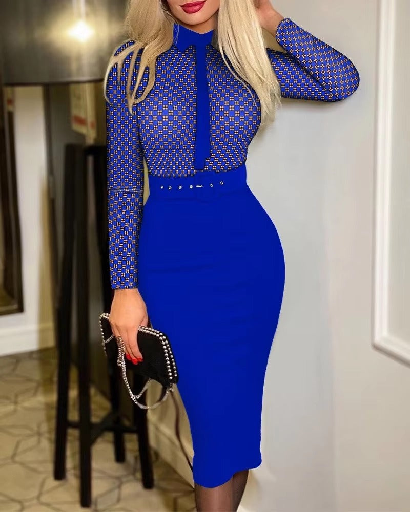 Elegant Print Long Sleeve with Belt Party Slim Bodycon Midi Dress