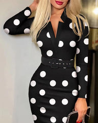 Elegant Print V-neck sashes Long Sleeve Party Slim Bodycon Midi Dress with Belt