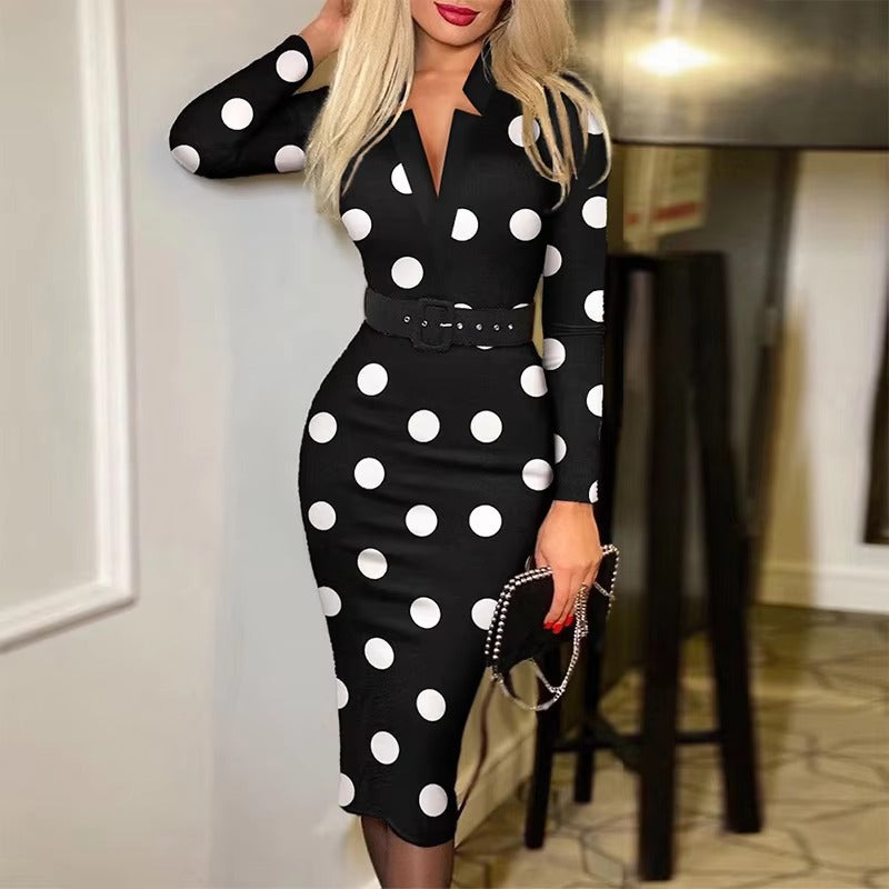 Elegant Print V-neck sashes Long Sleeve Party Slim Bodycon Midi Dress with Belt