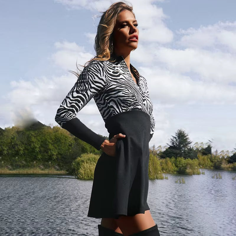 Elegant Print Zebra Striped Zipper Long Sleeve Round Neck Mini Dress
