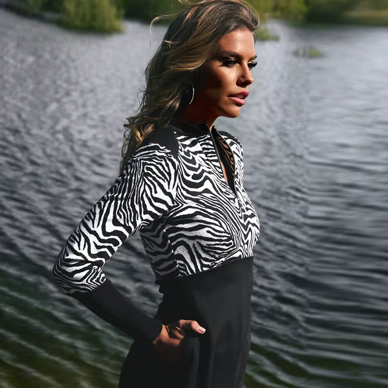 Elegant Print Zebra Striped Zipper Long Sleeve Round Neck Mini Dress
