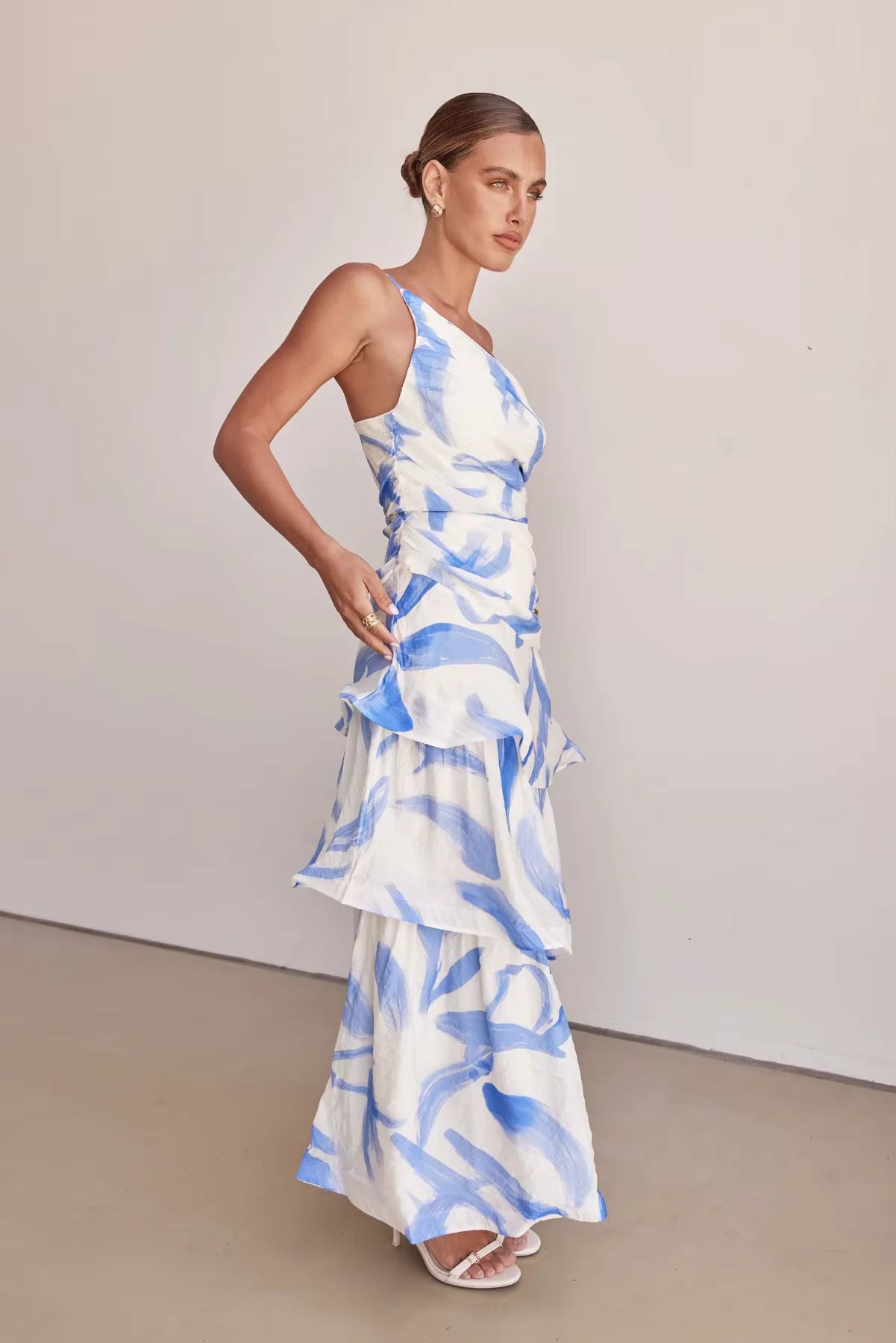 Elegant Printed Beach Style One Shoulder Strap Ankle-Length Maxi Dress