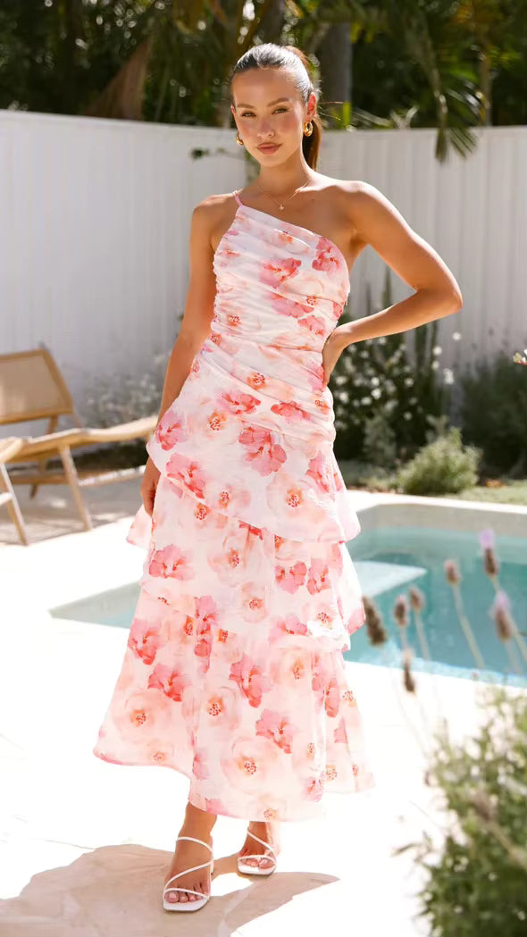 Elegant Printed Beach Style One Shoulder Strap Ankle-Length Maxi Dress
