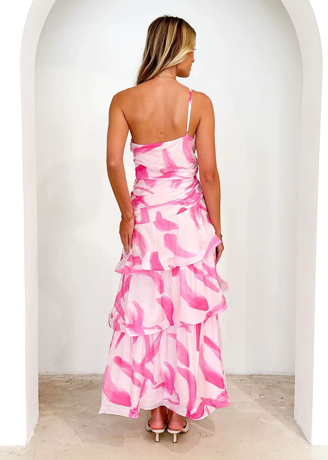 Elegant Printed Beach Style One Shoulder Strap Ankle-Length Maxi Dress