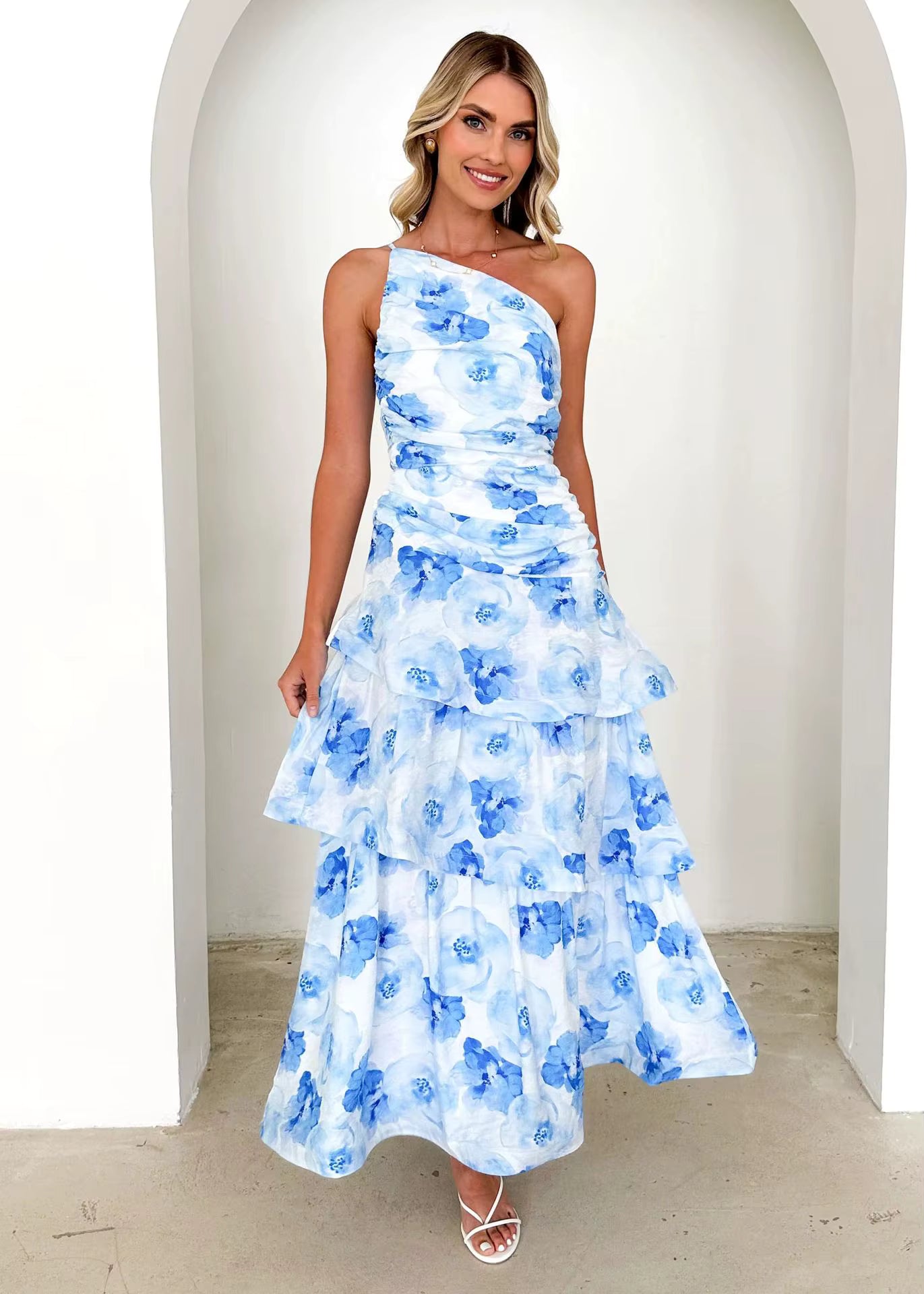 Elegant Printed Beach Style One Shoulder Strap Ankle-Length Maxi Dress