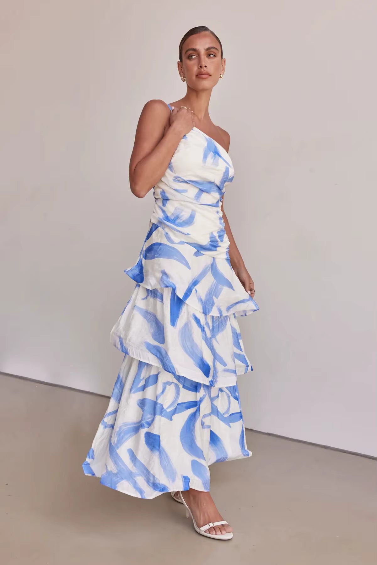Elegant Printed Beach Style One Shoulder Strap Ankle-Length Maxi Dress