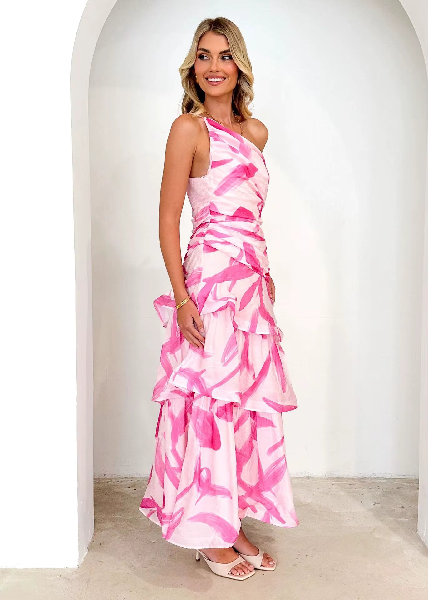 Elegant Printed Beach Style One Shoulder Strap Ankle-Length Maxi Dress