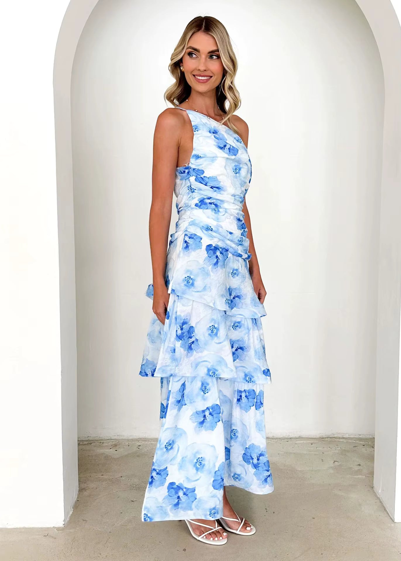 Elegant Printed Beach Style One Shoulder Strap Ankle-Length Maxi Dress