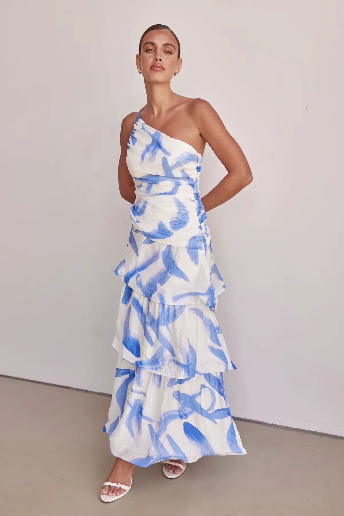 Elegant Printed Beach Style One Shoulder Strap Ankle-Length Maxi Dress
