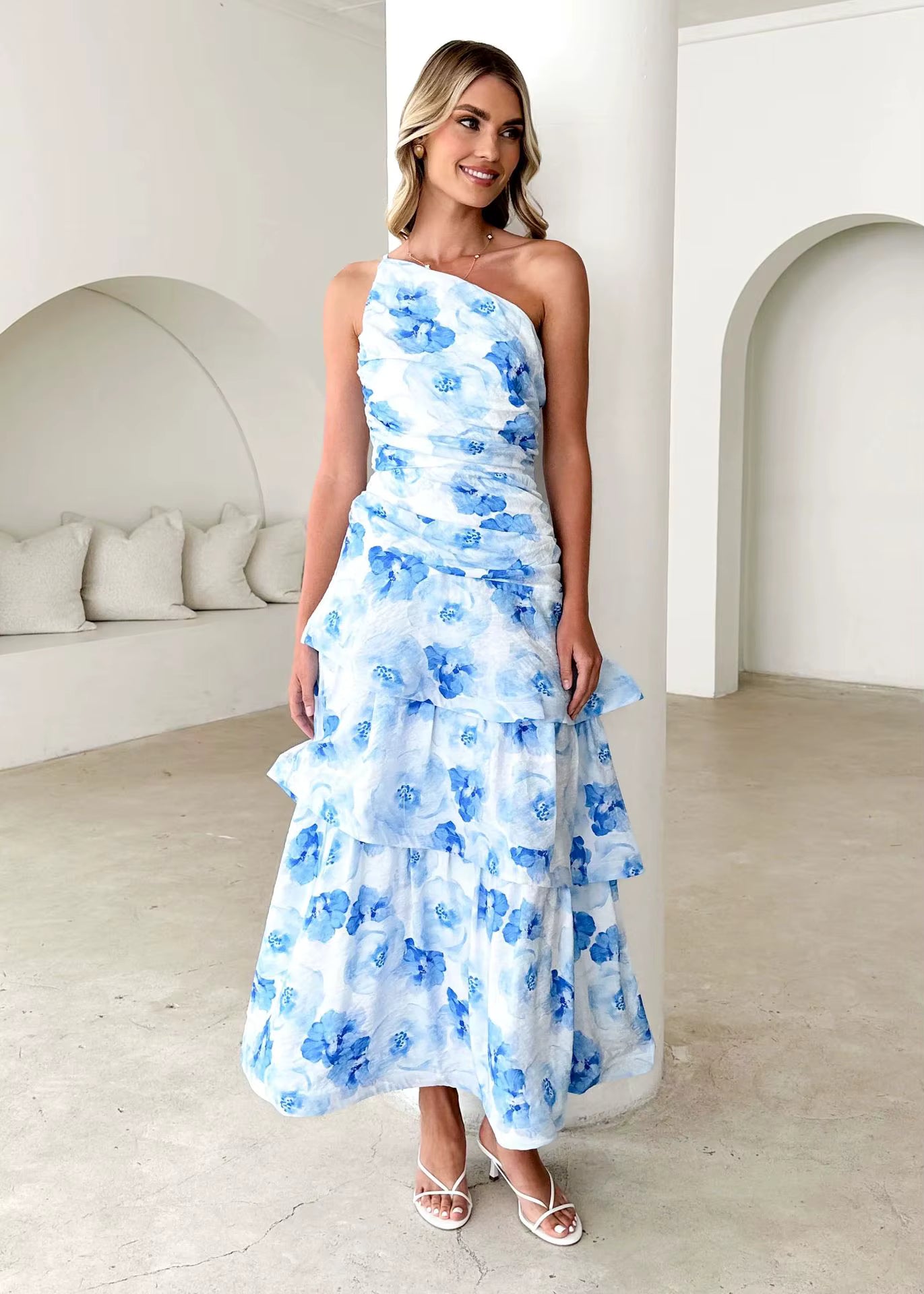 Elegant Printed Beach Style One Shoulder Strap Ankle-Length Maxi Dress