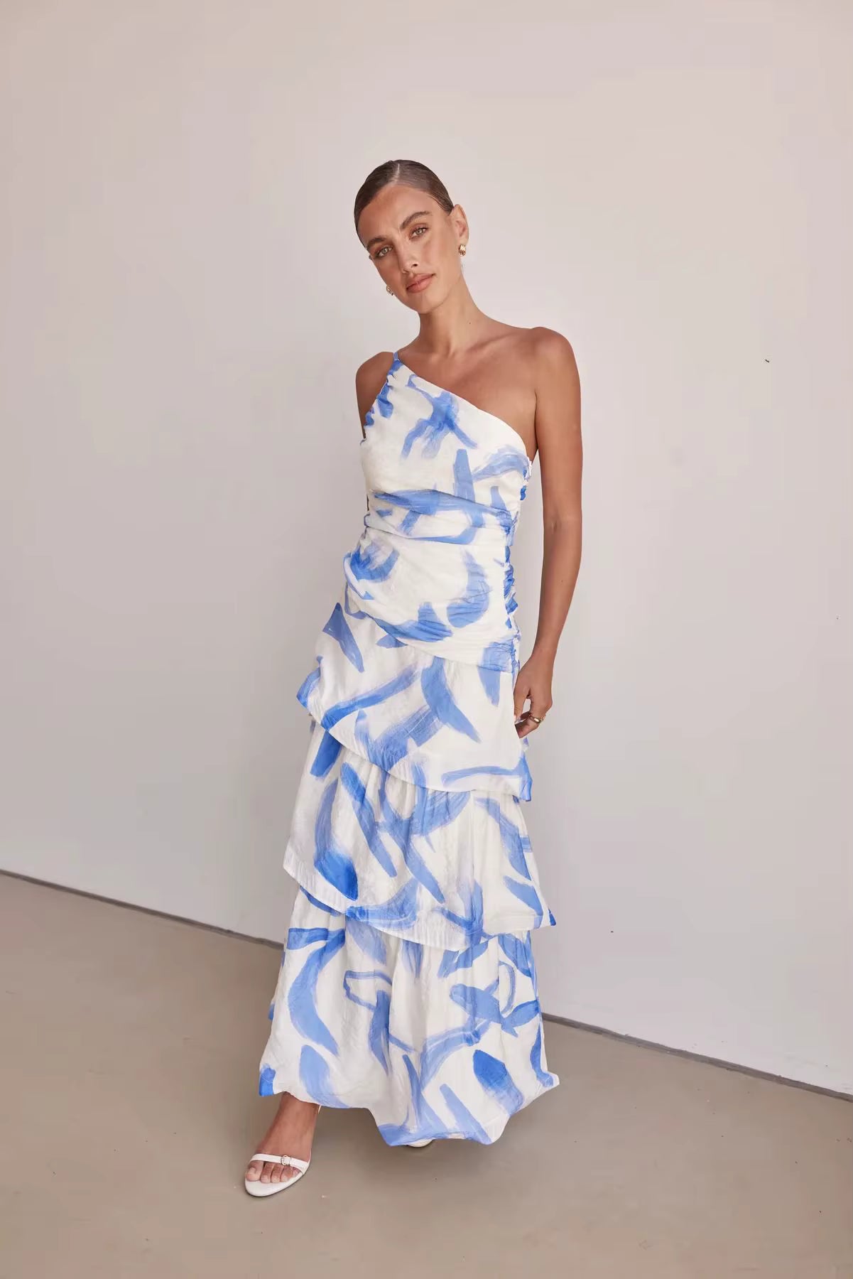 Elegant Printed Beach Style One Shoulder Strap Ankle-Length Maxi Dress