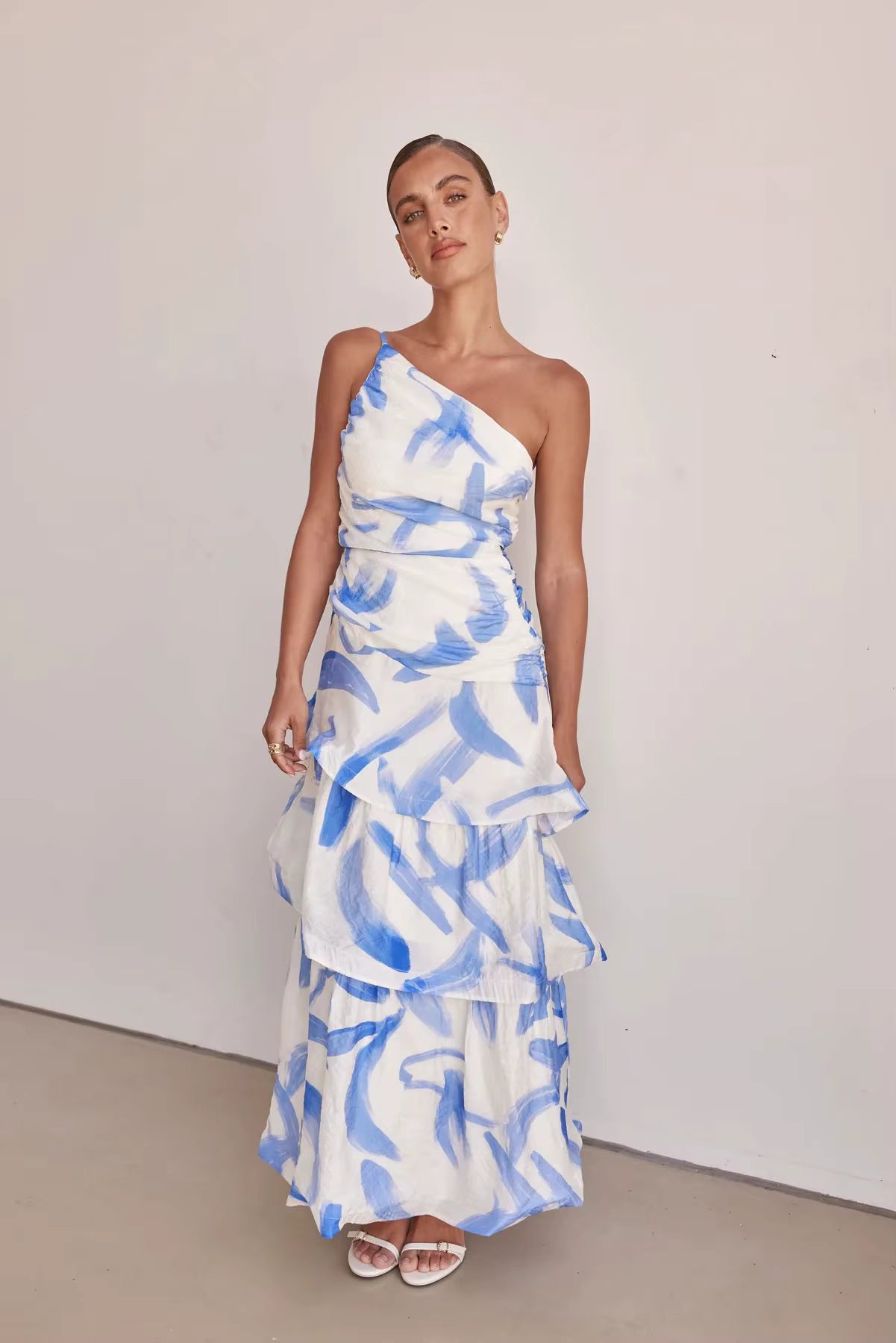 Elegant Printed Beach Style One Shoulder Strap Ankle-Length Maxi Dress