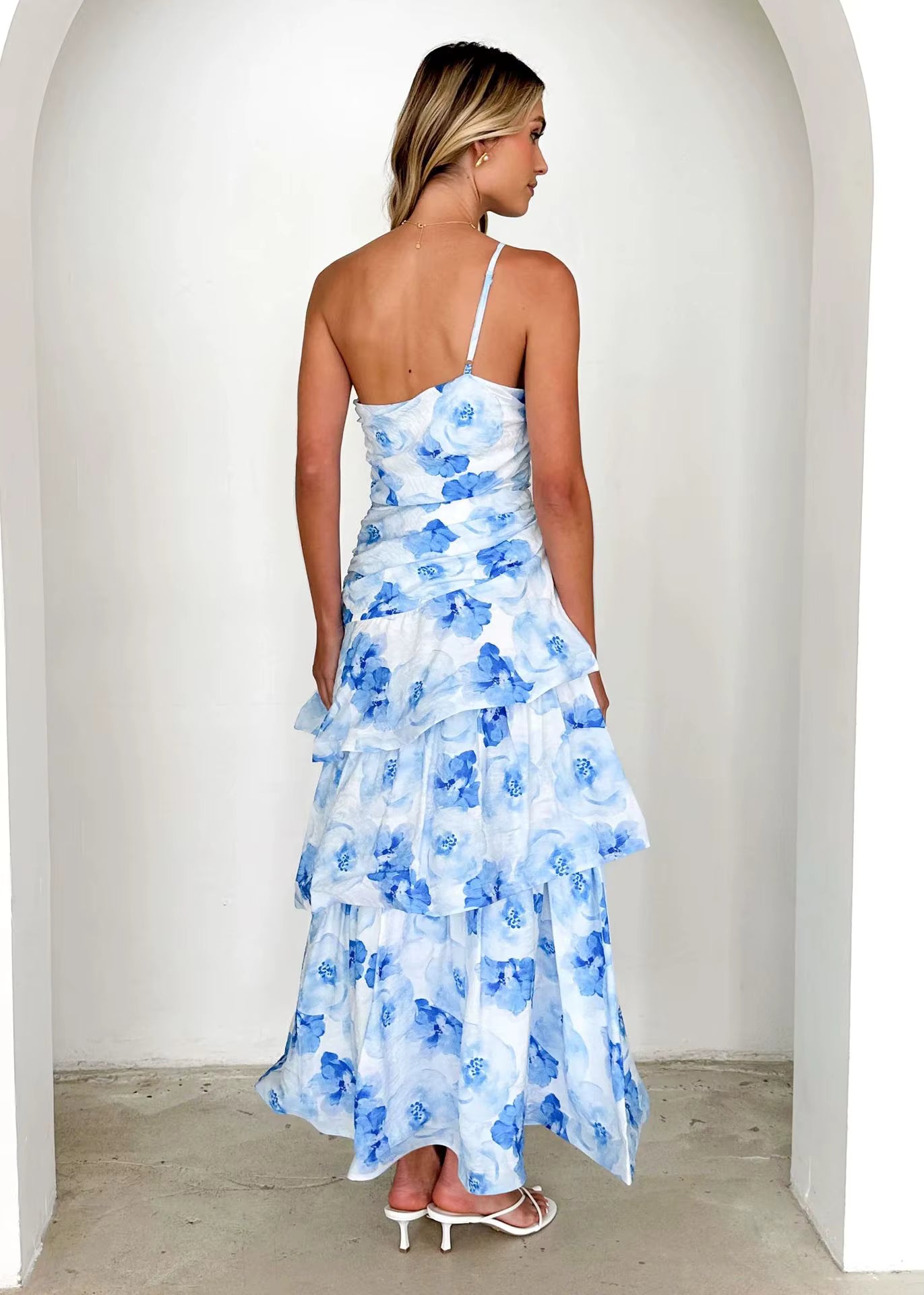 Elegant Printed Beach Style One Shoulder Strap Ankle-Length Maxi Dress