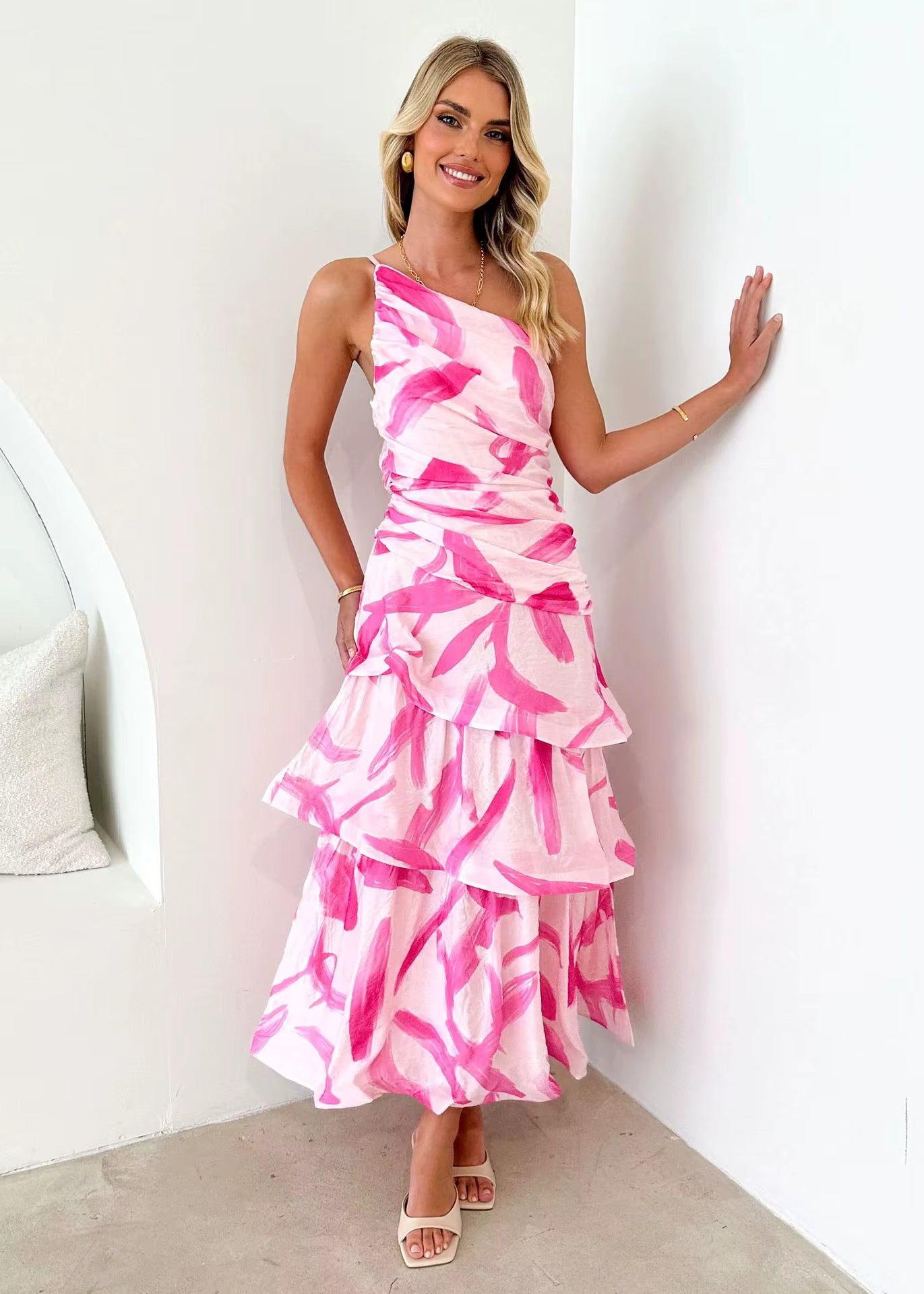 Elegant Printed Beach Style One Shoulder Strap Ankle-Length Maxi Dress