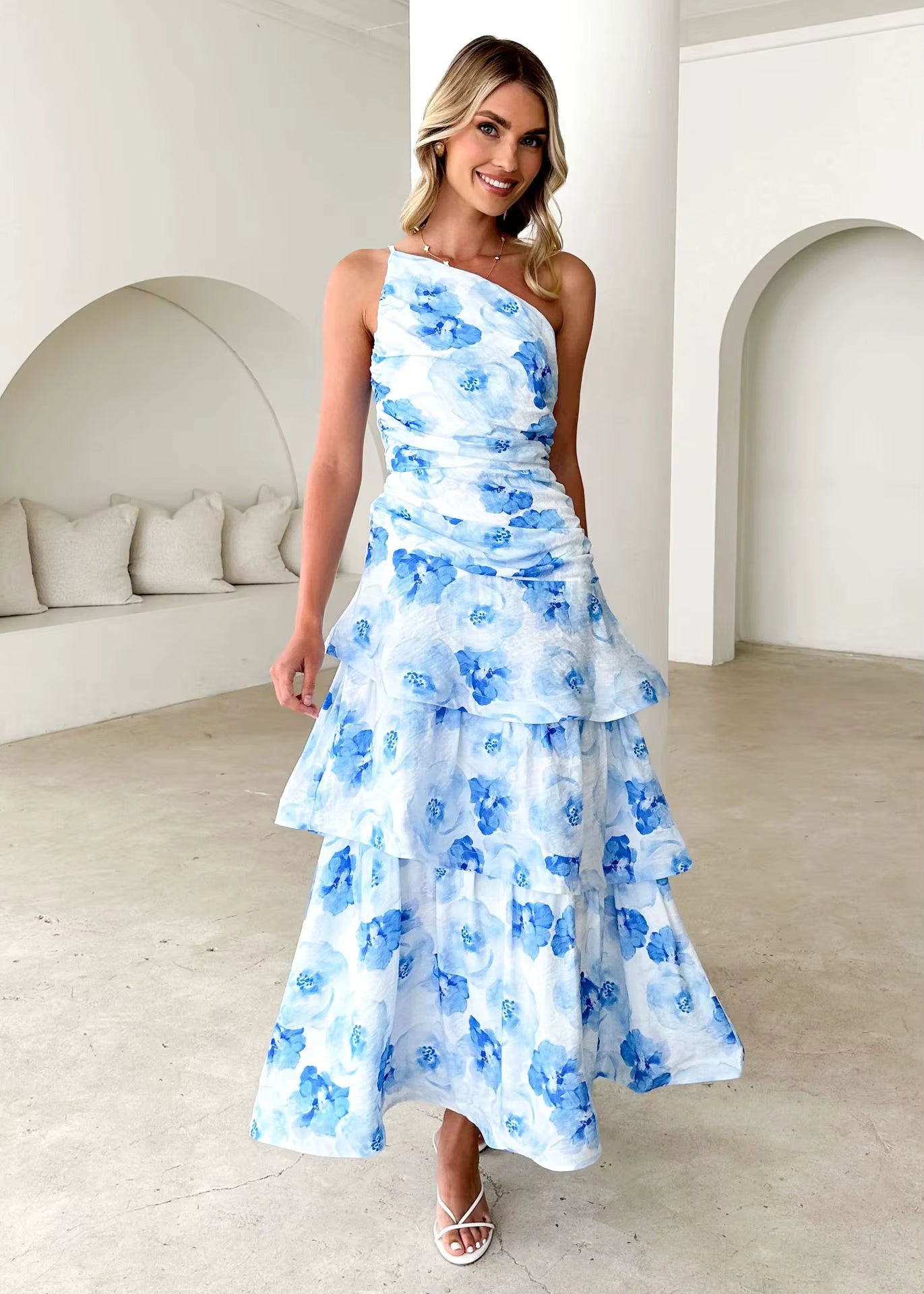 Elegant Printed Beach Style One Shoulder Strap Ankle-Length Maxi Dress