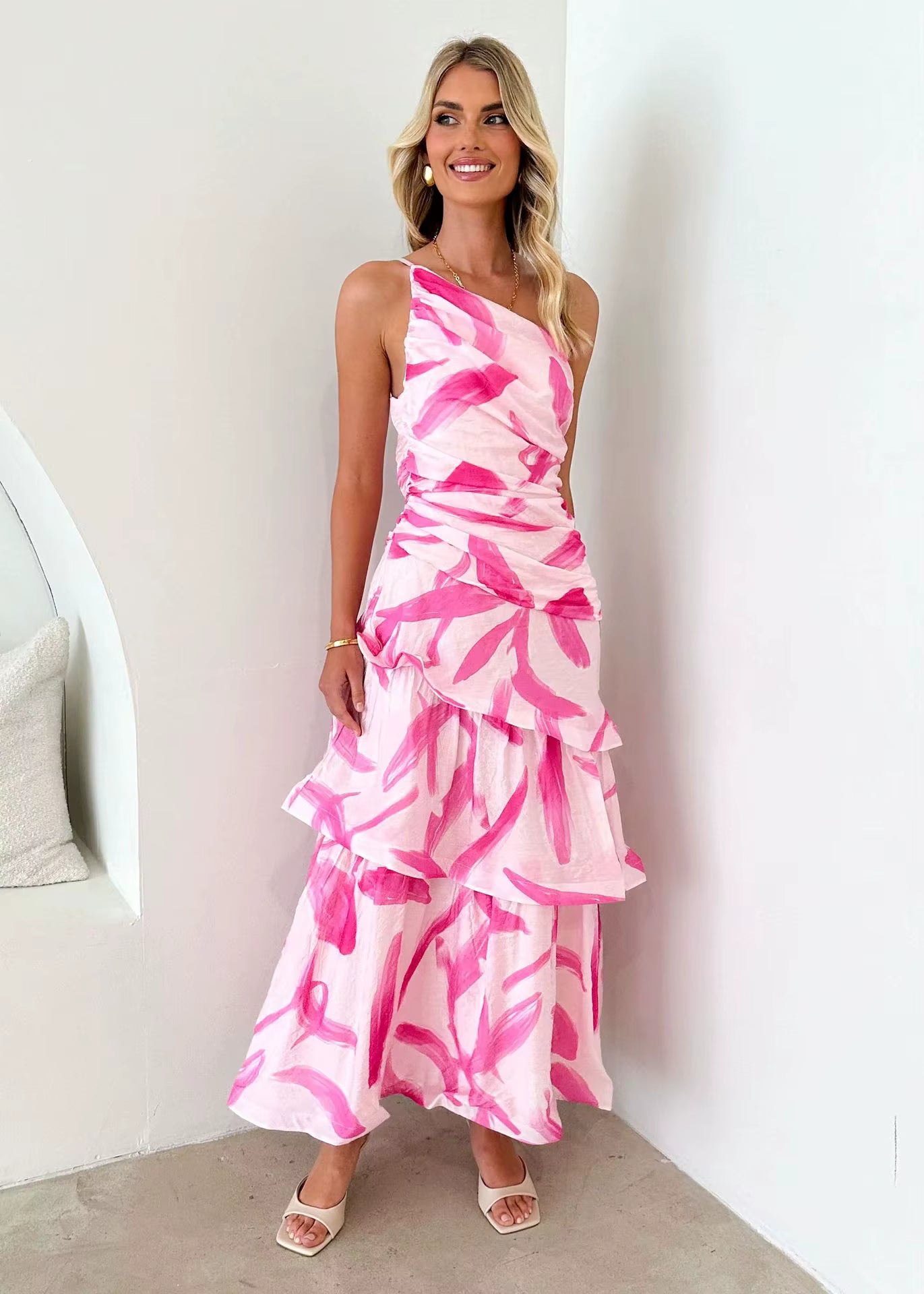 Elegant Printed Beach Style One Shoulder Strap Ankle-Length Maxi Dress