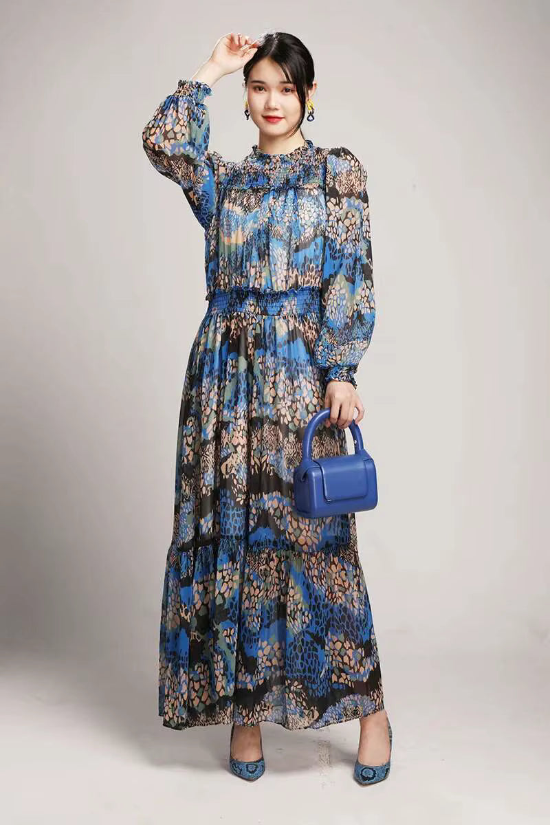 Elegant Printed Big Code Loose Feather Sleeve Slight Stretch Maxi Dress