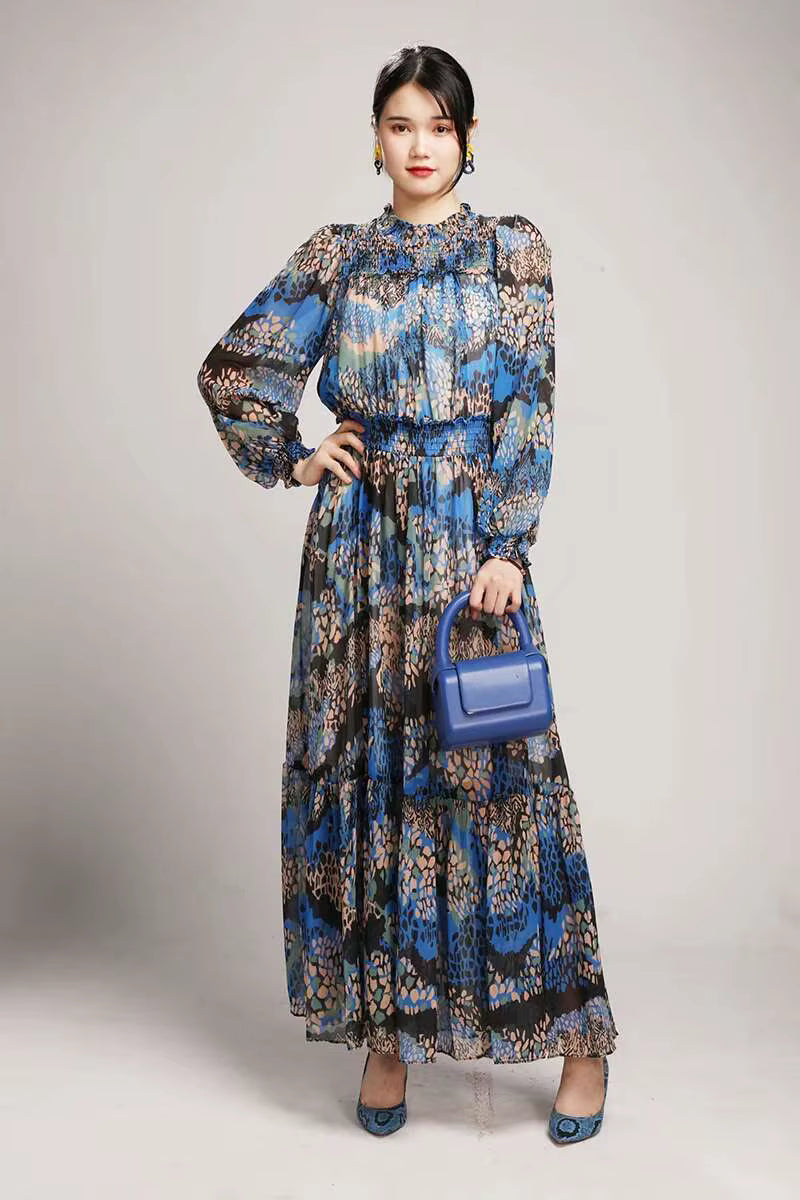 Elegant Printed Big Code Loose Feather Sleeve Slight Stretch Maxi Dress