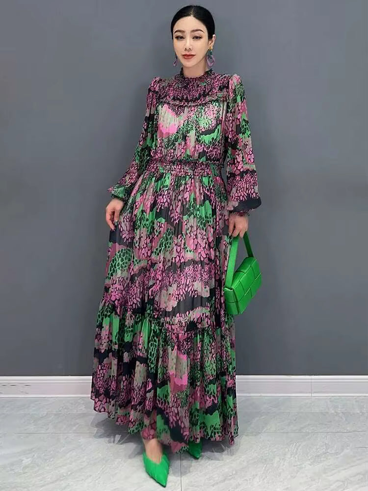 Elegant Printed Big Code Loose Feather Sleeve Slight Stretch Maxi Dress