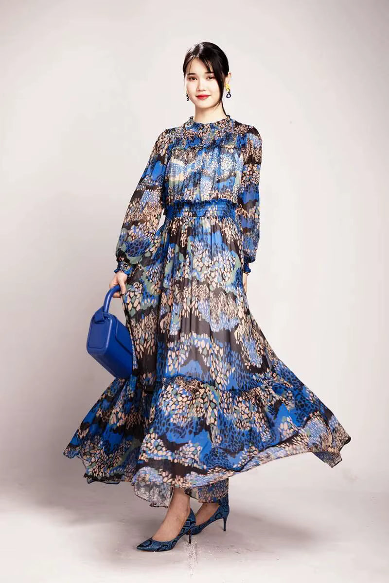 Elegant Printed Big Code Loose Feather Sleeve Slight Stretch Maxi Dress