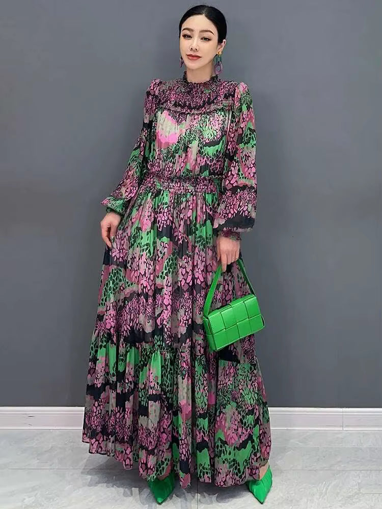 Elegant Printed Big Code Loose Feather Sleeve Slight Stretch Maxi Dress