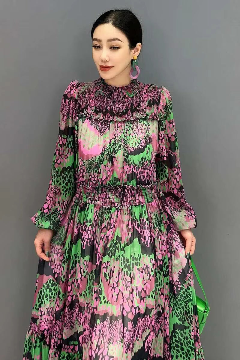 Elegant Printed Big Code Loose Feather Sleeve Slight Stretch Maxi Dress