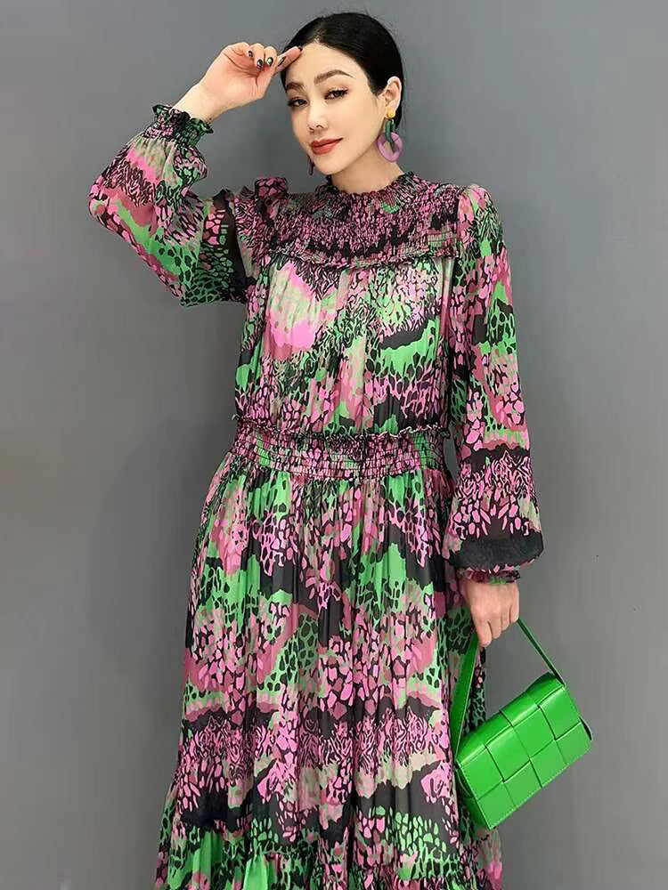 Elegant Printed Big Code Loose Feather Sleeve Slight Stretch Maxi Dress