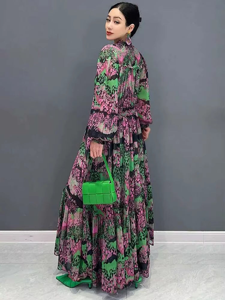 Elegant Printed Big Code Loose Feather Sleeve Slight Stretch Maxi Dress