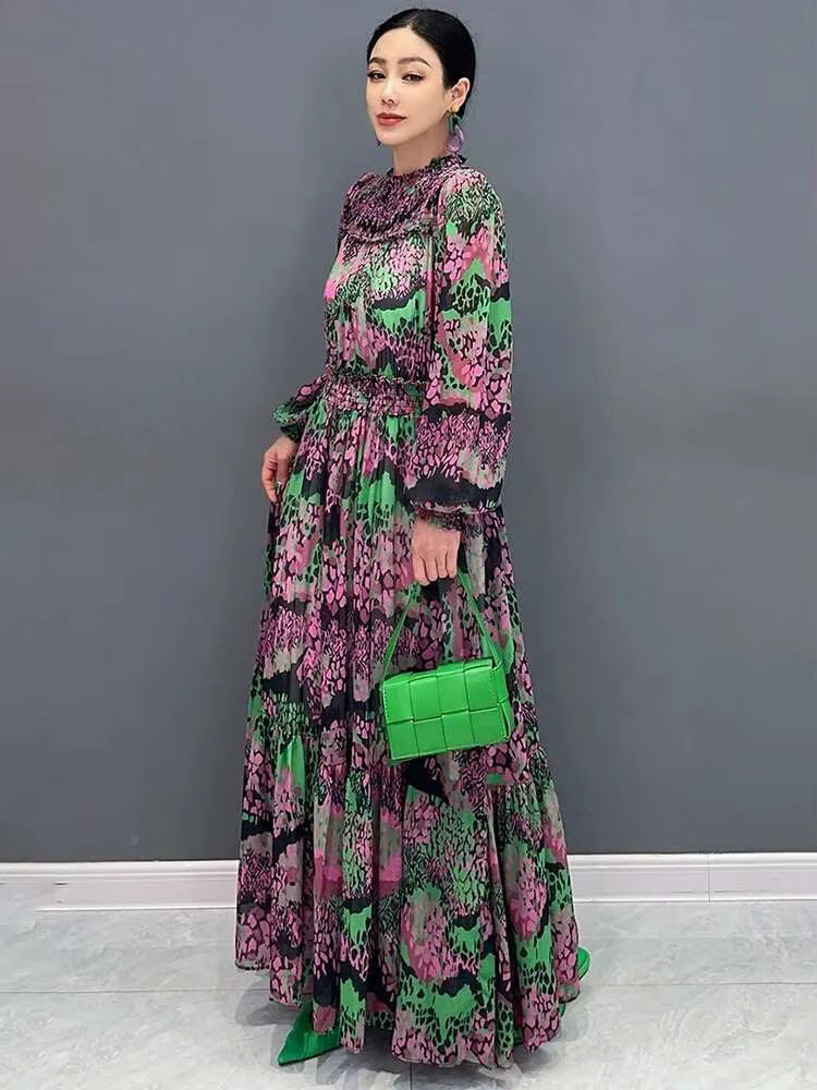 Elegant Printed Big Code Loose Feather Sleeve Slight Stretch Maxi Dress