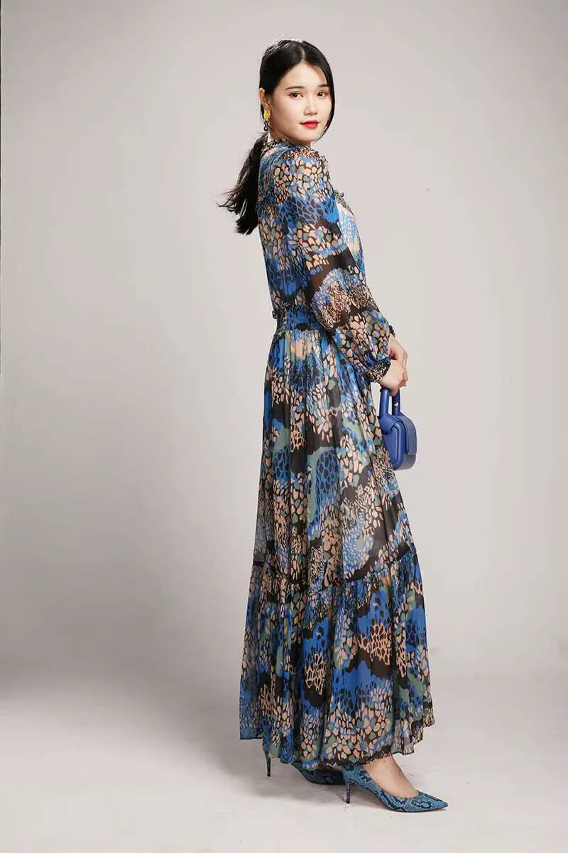 Elegant Printed Big Code Loose Feather Sleeve Slight Stretch Maxi Dress