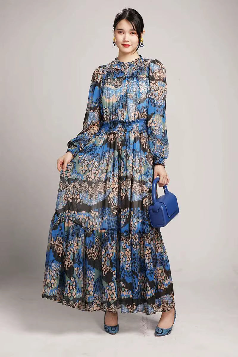 Elegant Printed Big Code Loose Feather Sleeve Slight Stretch Maxi Dress