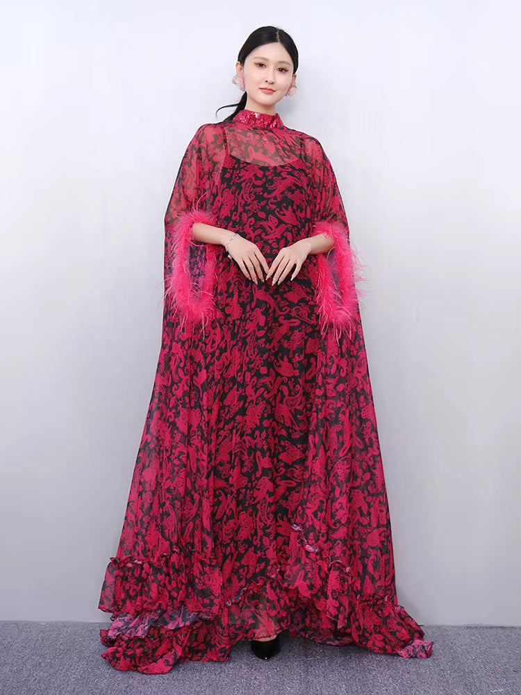 Elegant Printed Big Code Loose Feather Sleeve Slight Stretch Maxi Dress