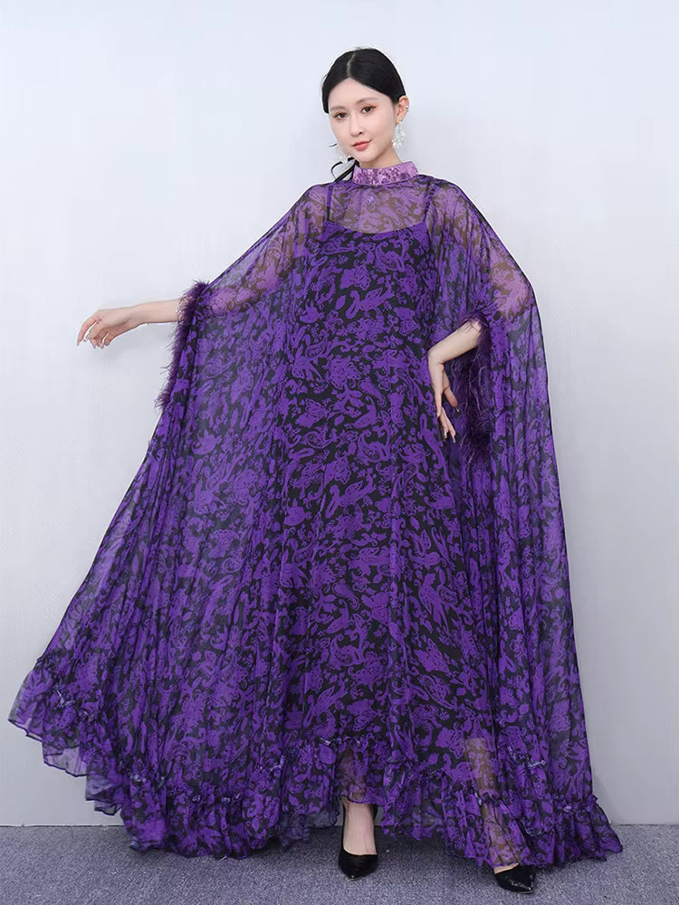 Elegant Printed Big Code Loose Feather Sleeve Slight Stretch Maxi Dress