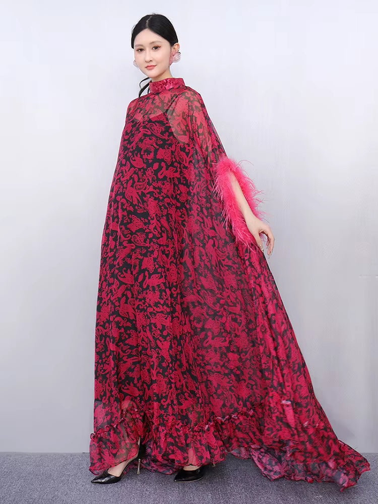 Elegant Printed Big Code Loose Feather Sleeve Slight Stretch Maxi Dress