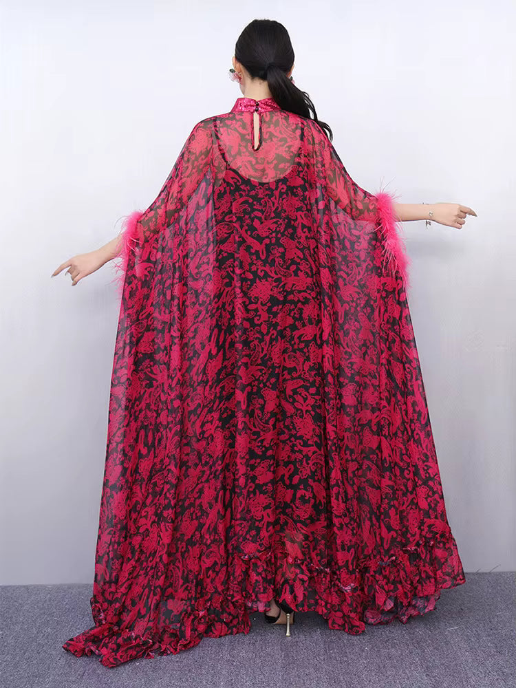 Elegant Printed Big Code Loose Feather Sleeve Slight Stretch Maxi Dress