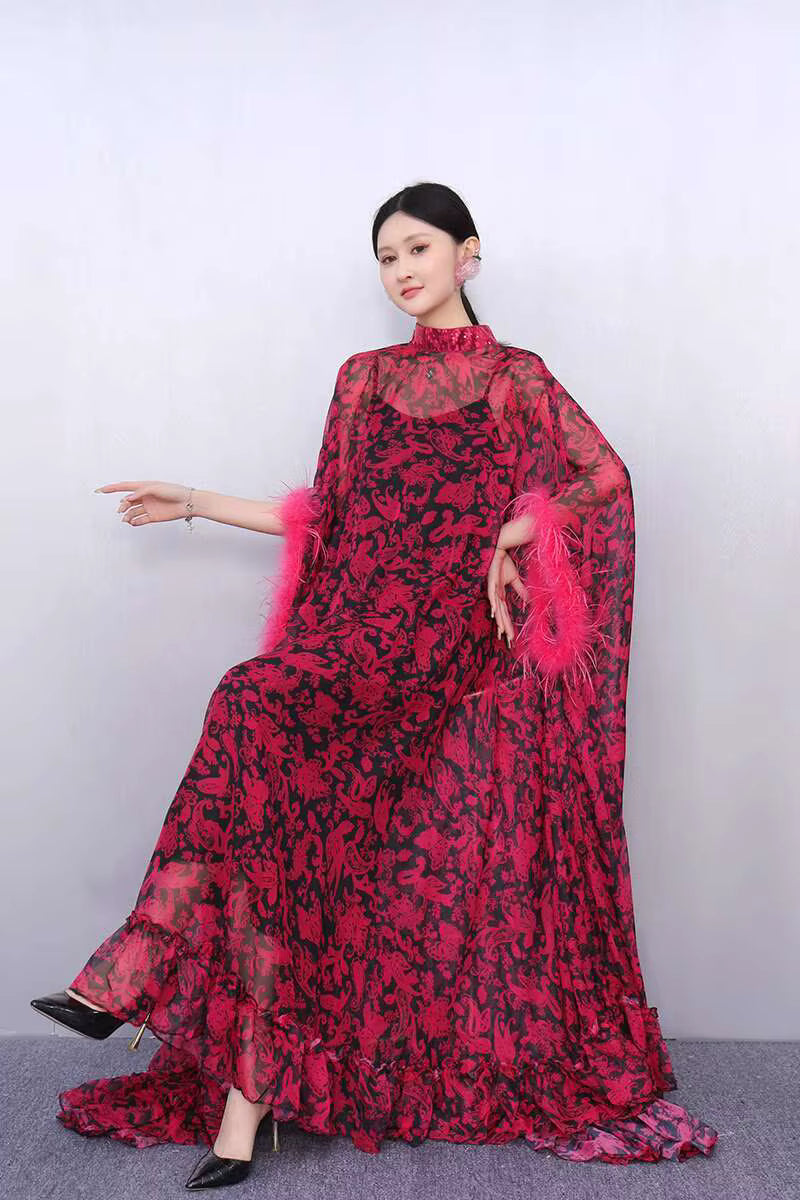 Elegant Printed Big Code Loose Feather Sleeve Slight Stretch Maxi Dress