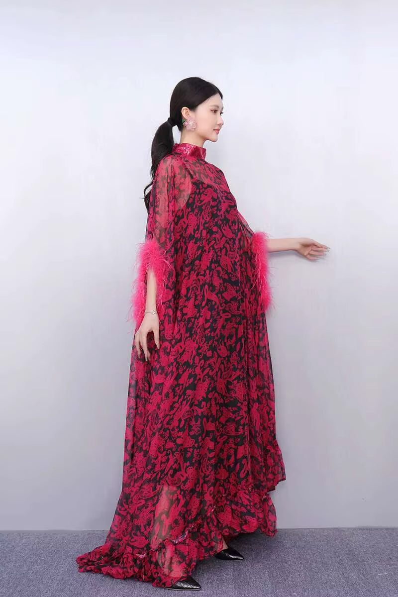 Elegant Printed Big Code Loose Feather Sleeve Slight Stretch Maxi Dress