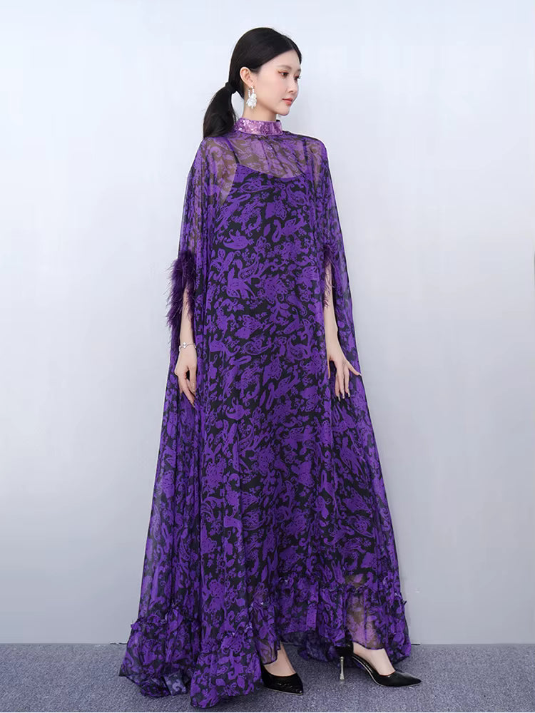 Elegant Printed Big Code Loose Feather Sleeve Slight Stretch Maxi Dress