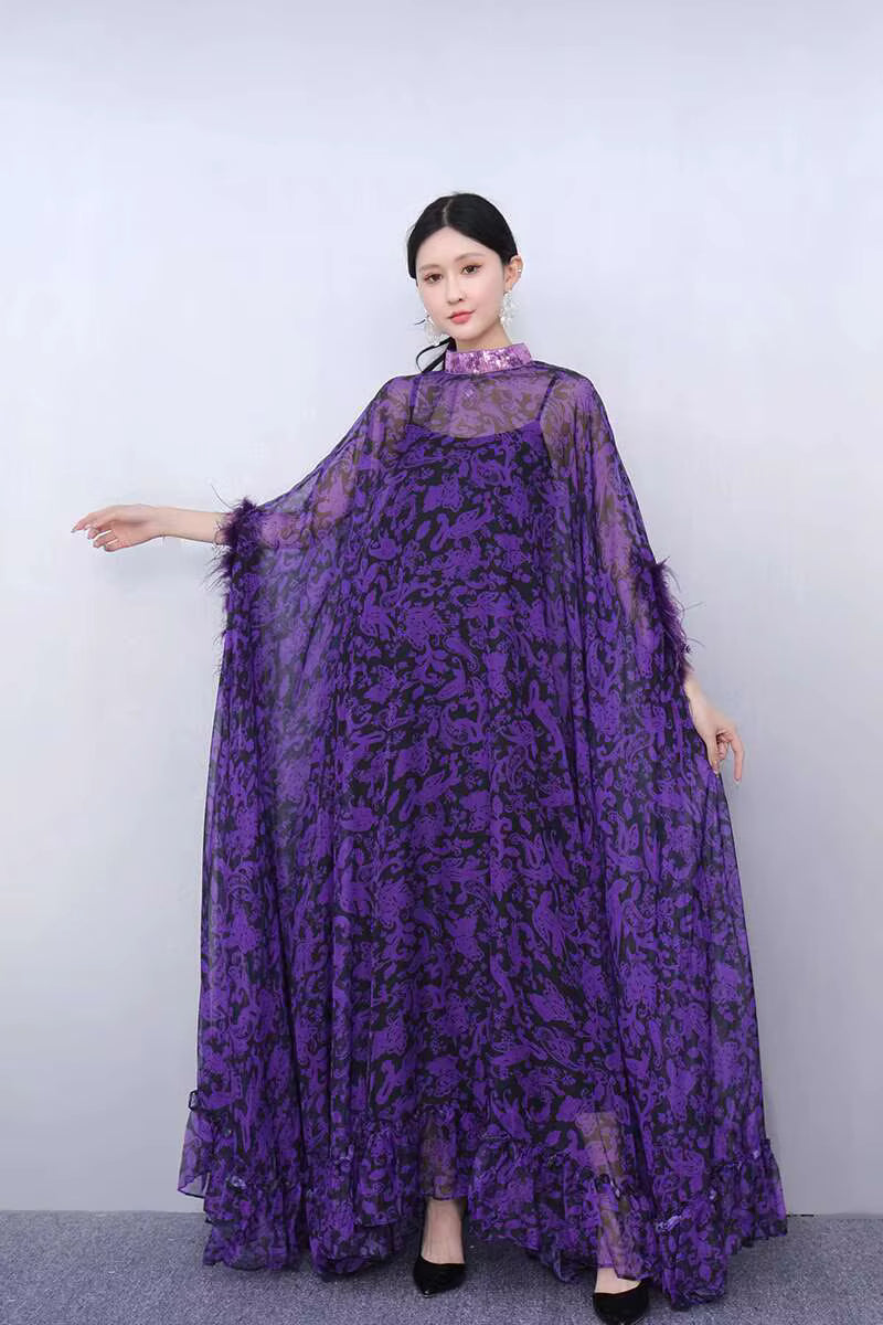 Elegant Printed Big Code Loose Feather Sleeve Slight Stretch Maxi Dress