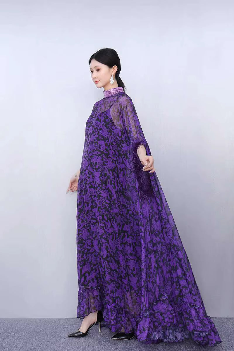 Elegant Printed Big Code Loose Feather Sleeve Slight Stretch Maxi Dress